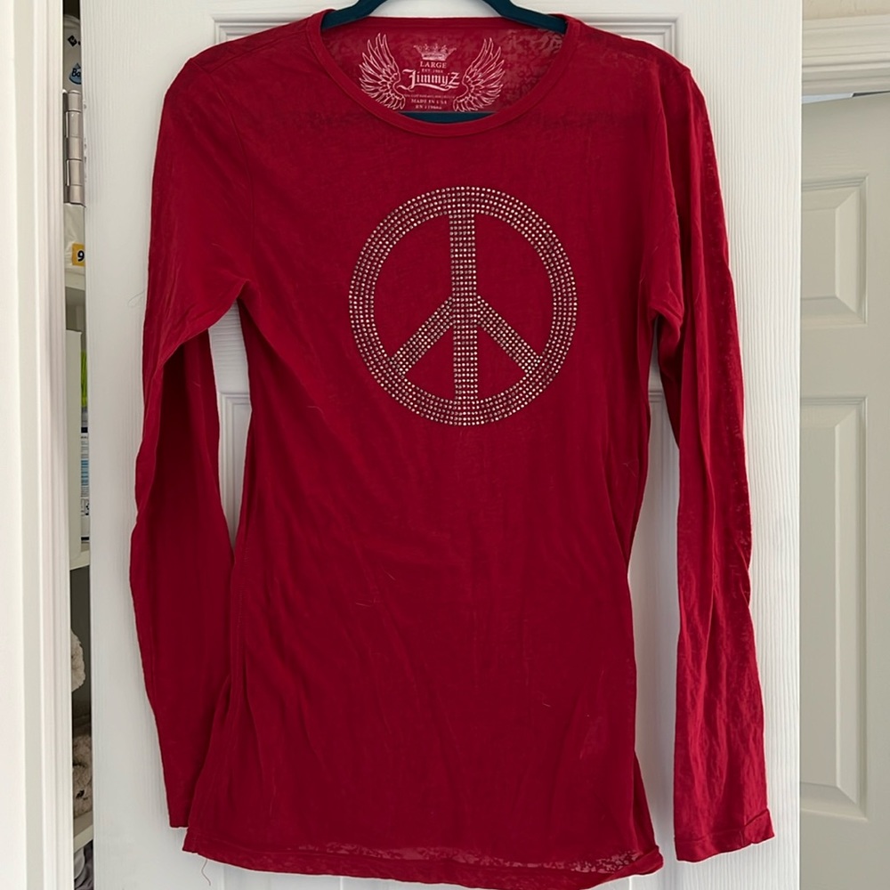 Deep Red Top with Embellished Peace Sign
